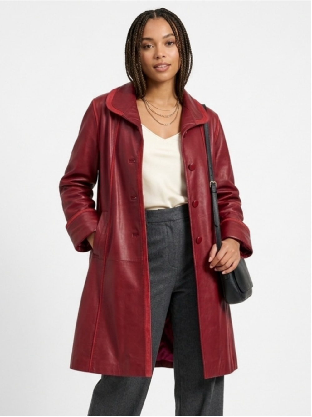 Women's Vintage Shaw Leather Village Red Genuine Leather A-Line Coat Jacket L